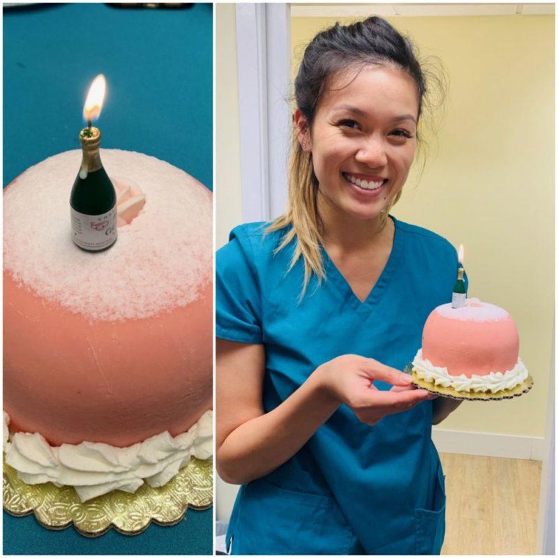 Sandy, Marina Tooth Fairy Hygienist, with birthday cake.